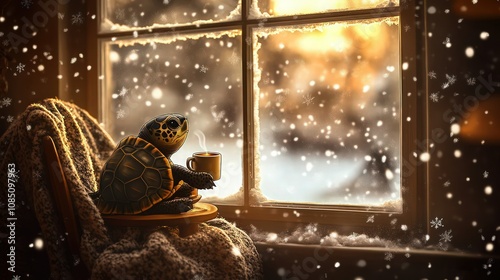 A small turtle sitting comfortably on a chair near the window, holding a tiny cup of tea, with snow falling softly outside.  photo