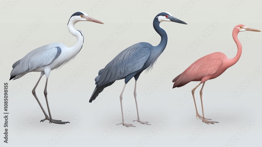 Obraz premium Three herons standing elegantly in a row.