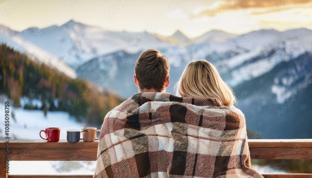 Fototapeta premium Young couple warming up with plaid and hot drinks sitting on the terrace of the modern house in the mountains during the winter holidays
