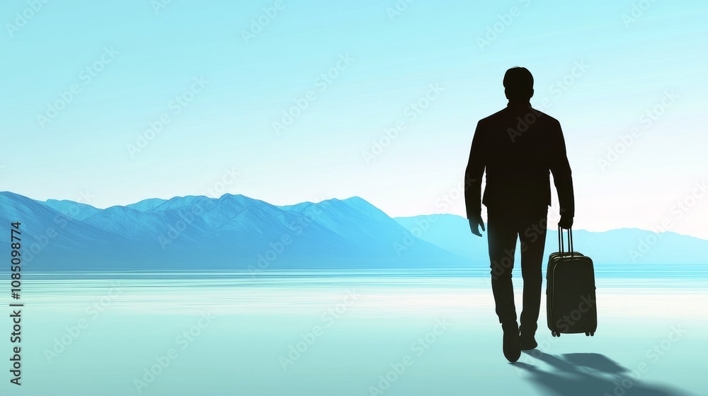 Traveler walking towards serene mountainscape. Traveler walking towards serene mountainscape.