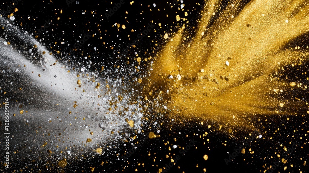 A striking splash of gold and silver powder, representing luxury and celebration, set against a black background to create a glamorous and festive atmosphere. A striking splash of gold and silver powder, representing luxury and celebration, set against a black background to create a glamorous and festive atmosphere.