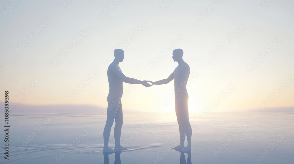 Fototapeta premium Two figures connecting in serene atmosphere.