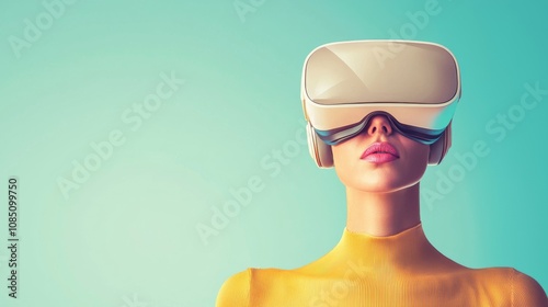 Technological exposure. A futuristic figure wearing a virtual reality headset, showcasing a blend of technology and modern art with vibrant colors and a minimalist background.