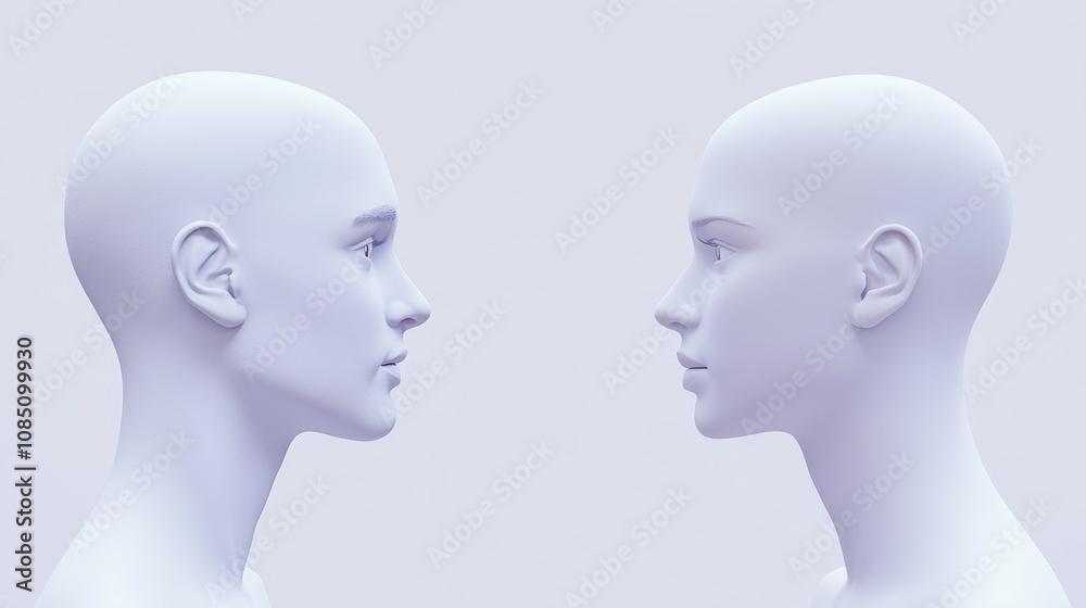 Two mannequin heads facing each other. Two mannequin heads facing each other.