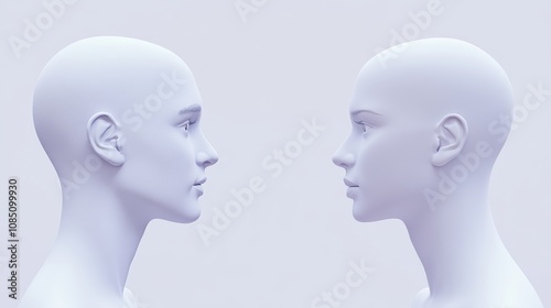 Two mannequin heads facing each other.