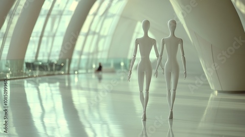 Two mannequins walking in a modern space. photo