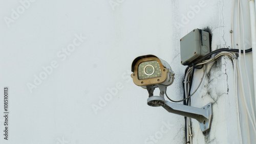 A close-up view of a surveillance camera mounted on a wall, highlighting modern security technology in urban environments.