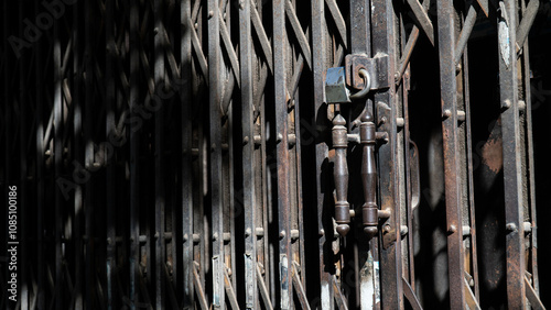 An aged, locked metal gate featuring intricate patterns and shadow play, symbolizing closure and security in urban environments.