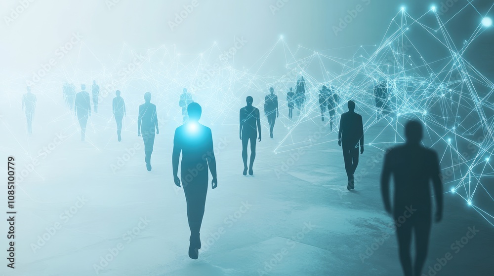 Silhouettes of People Walking Through a Network of Connections Silhouettes of People Walking Through a Network of Connections