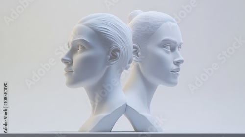 White sculptures of two human heads facing opposite.
