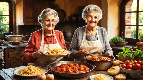 Italian Grandmothers Cooking Traditional Pasta in Rustic Kitchen