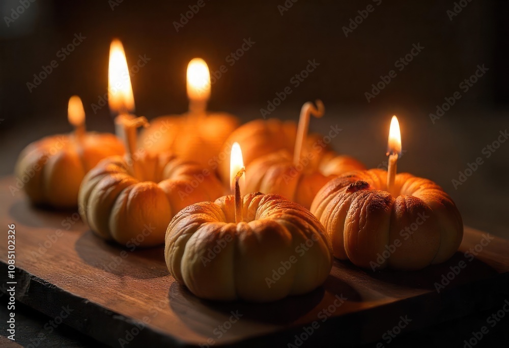 Warmly lit pumpkin candles arranged on a wooden board create a cozy atmosphere during autumn evenings Warmly lit pumpkin candles arranged on a wooden board create a cozy atmosphere during autumn evenings