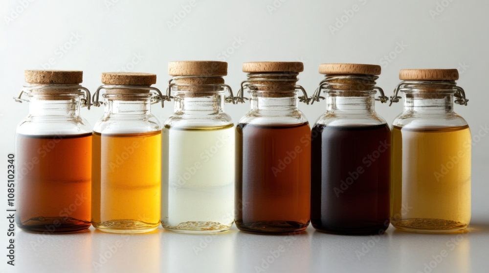 A Collection of Gourmet Condiments in Glass Bottles with Cork Lids Displayed on a White Background for Culinary Inspiration and Recipe Creation