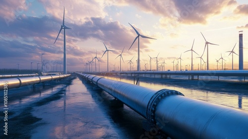 A long pipeline with many wind turbines in the background photo