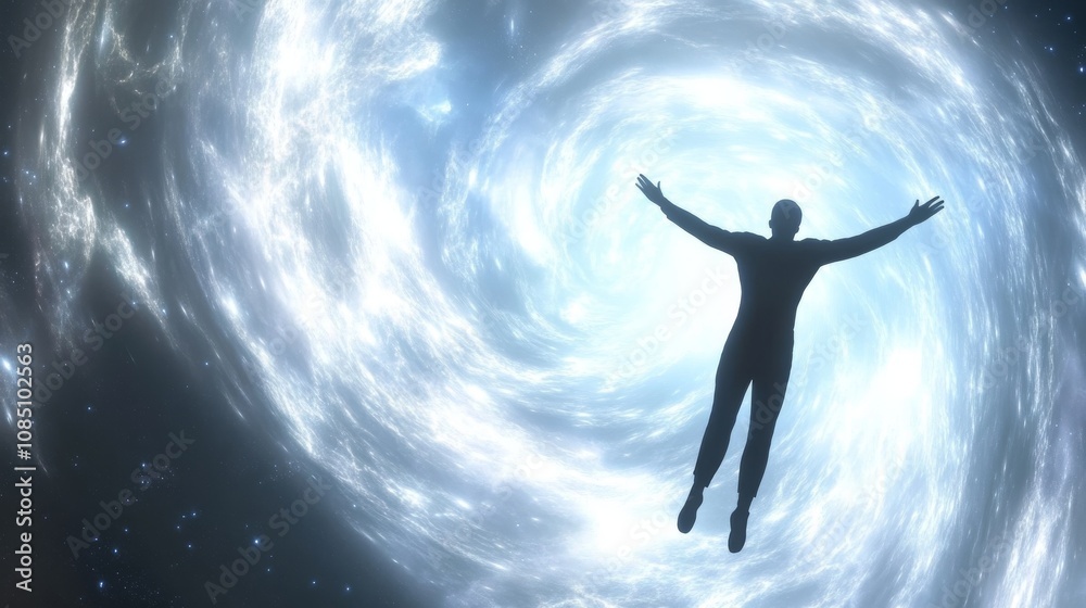 A figure embodies freedom in a cosmic vortex. A figure embodies freedom in a cosmic vortex.