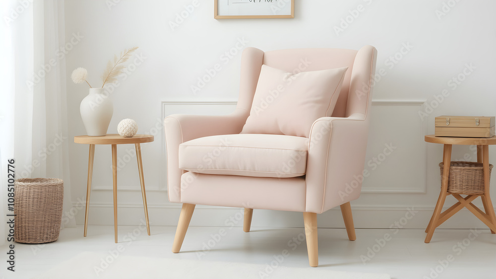 A pastel pink upholstered chair placed in a cream-white room. A pastel pink upholstered chair placed in a cream-white room.