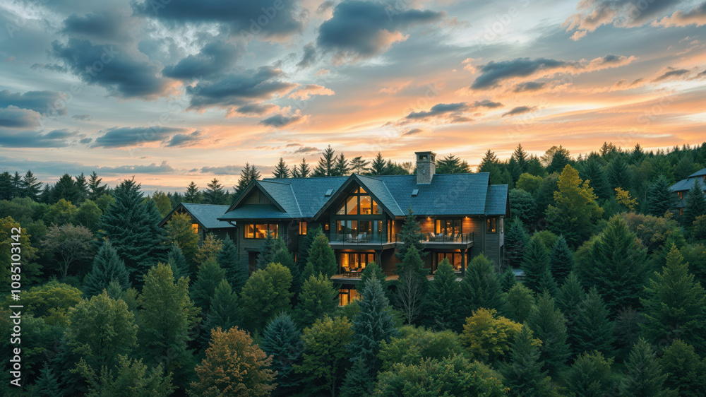 Cozy Mountain Cabin Surrounded by Lush Forest at Sunset