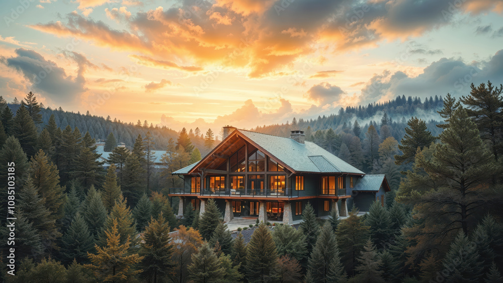 Cozy Mountain Cabin Surrounded by Lush Forest at Sunset Cozy Mountain Cabin Surrounded by Lush Forest at Sunset