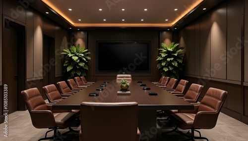 A sleek and modern boardroom with a long, rectangular dark wood table at the center, surrounded by black leather chairs. The room features large wooden panels on the walls, a grid of recessed lighting