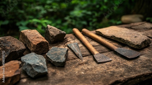 Close-up of ancient stone tools, sharp flint knives, and polished axes on a weathered wooden surface, symbolizing prehistoric craftsmanship and the dawn of human ingenuity.