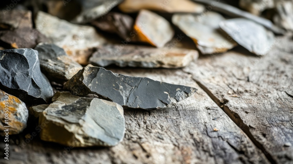 Close-up of ancient stone tools, sharp flint knives, and polished axes on a weathered wooden surface, symbolizing prehistoric craftsmanship and the dawn of human ingenuity. Close-up of ancient stone tools, sharp flint knives, and polished axes on a weathered wooden surface, symbolizing prehistoric craftsmanship and the dawn of human ingenuity.