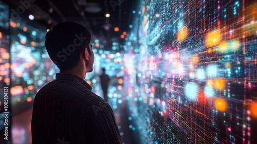 Wallpaper Mural A man is looking at a large screen with a lot of colors and patterns Torontodigital.ca