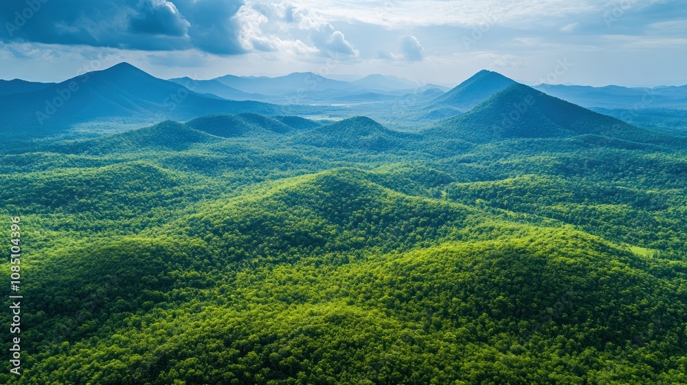 Aerial drone shot of a lush green forested mountain landscape. The drone captures the blue sky and the beautiful mountain peaks. Aerial drone shot of a lush green forested mountain landscape. The drone captures the blue sky and the beautiful mountain peaks.