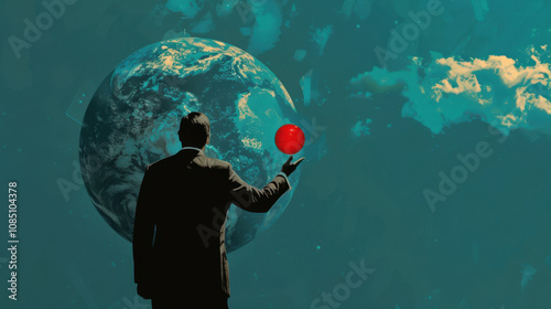 A man faces planet Earth while holding a red button that could end the world, portrayed in a surreal and apocalyptic style with a cosmic background.