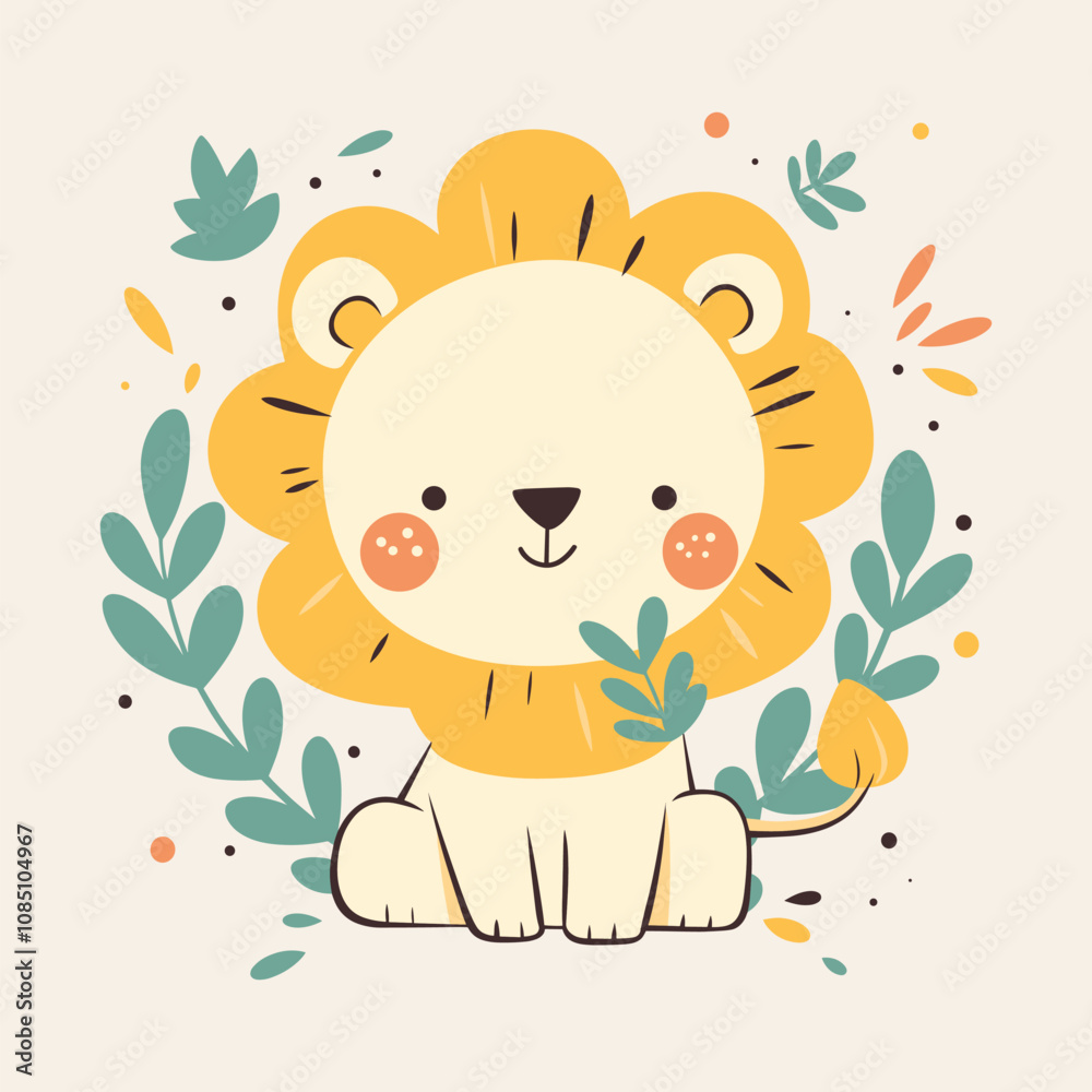 Lion Vector Illustration. Cute Cartoon Lion Surrounded by Green Leaves and Abstract Shapes Lion Vector Illustration. Cute Cartoon Lion Surrounded by Green Leaves and Abstract Shapes
