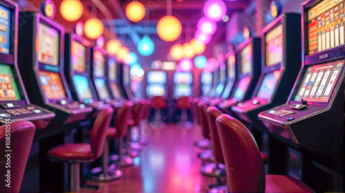 Colorful casino interior with illuminated slot machines and vibrant lighting at night