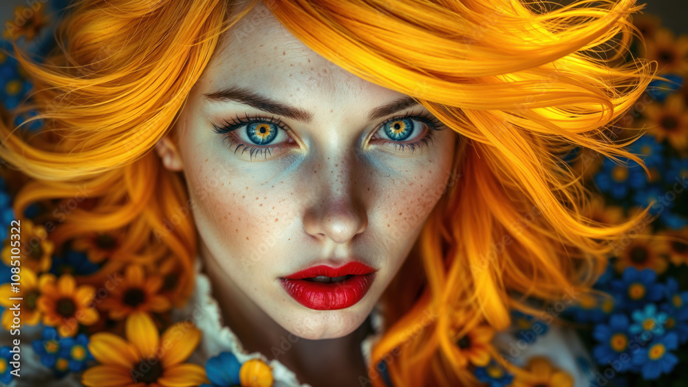 Vibrant Portrait of Woman with Yellow Hair and Bright Flowers Vibrant Portrait of Woman with Yellow Hair and Bright Flowers