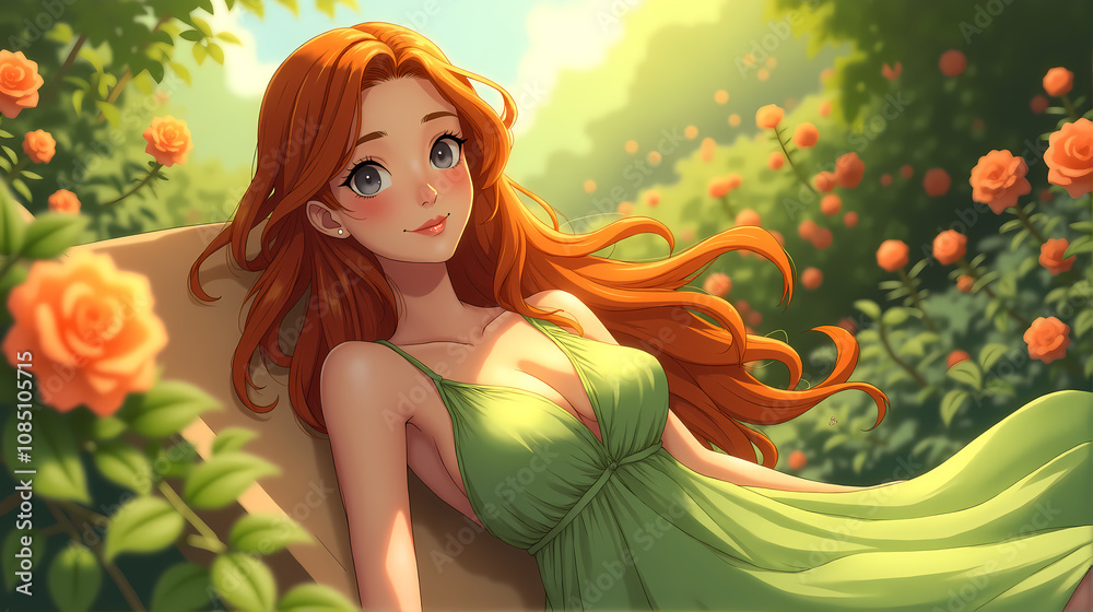 Young woman with flowing red hair and bright green eyes sits in a lush garden filled with colorful flowers. She is wearing a green dress and exudes joy and warmth in the bright sunlight of spring Young woman with flowing red hair and bright green eyes sits in a lush garden filled with colorful flowers. She is wearing a green dress and exudes joy and warmth in the bright sunlight of spring