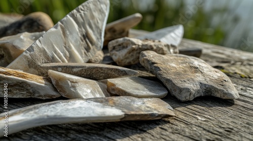 Close-up of ancient stone tools, sharp flint knives, and polished axes on a weathered wooden surface, symbolizing prehistoric craftsmanship and the dawn of human ingenuity. photo