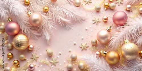 Elegant Pastel Pink and Gold Christmas Background with Ostrich Feathers for Branding and Copy Space photo