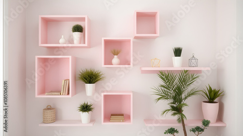 Multi-level pastel pink geometric wall shelves in different sizes and heights add interest to any corner of the room.