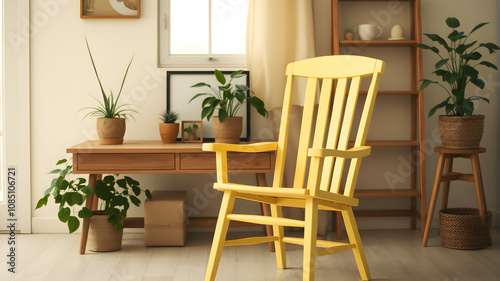 A pastel yellow wooden chair in a modern minimalist style placed in a room decorated with a wooden table and green plants