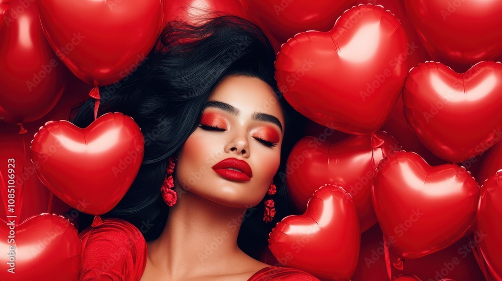 Close-up of a woman with bold red lipstick surrounded by red heart-shaped balloons, emphasizing romance and elegance. Close-up of a woman with bold red lipstick surrounded by red heart-shaped balloons, emphasizing romance and elegance.