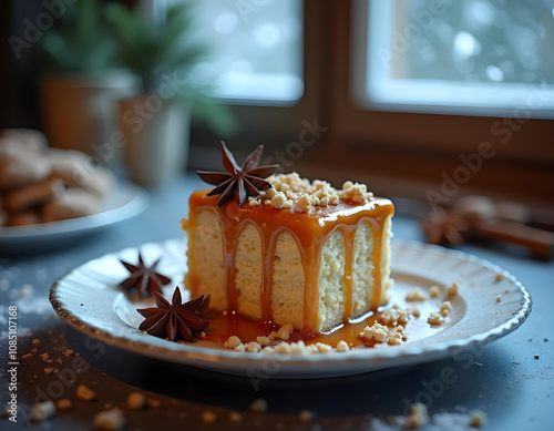 A beautifully arranged dessert plate featuring a slice of spiced caramel cake, drizzled generously with caramel sauce photo