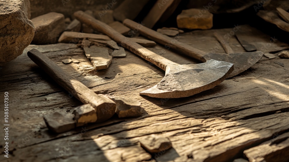 Close-up of ancient stone tools, sharp flint knives, and polished axes on a weathered wooden surface, symbolizing prehistoric craftsmanship and the dawn of human ingenuity. Close-up of ancient stone tools, sharp flint knives, and polished axes on a weathered wooden surface, symbolizing prehistoric craftsmanship and the dawn of human ingenuity.