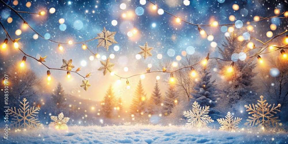 Enchanting Winter Wonderland with Snowflakes and Twinkling Lights, Captivating Snowy Landscape, Serene Atmosphere, Perfect for Holiday and Seasonal Themes