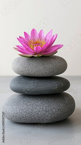 gray rocks stacked on top of each other with a beautiful flower on top