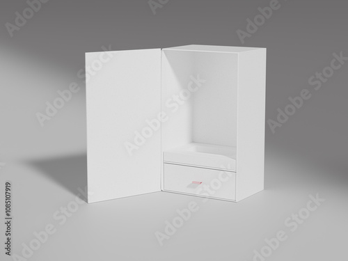 Tall swing-open luxury cabinet box mockup, empty design open box with drawer mockup, perfume box packaging container mockup, premium gift box with drawer storage, rigid paper box with pull-open drawer