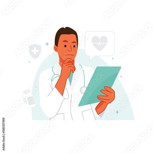 Vector of male doctor read diagnose on his tab or pad