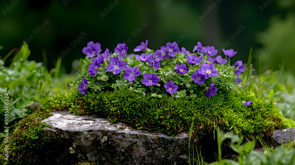 Obraz premium Vibrant purple flowers blooming on mossy rock nature scene close-up lush green environment serene viewpoint