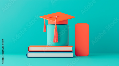 Graduation celebration with books and cap study space digital art bright colors inspirational learning journey