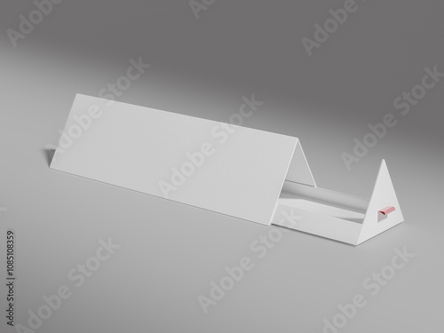 slide-open triangular shape box mockup, empty design long triangle drawer box mockup, pull-open premium gift box with ribbon, high-end product storage container, luxury prism shape packaging design