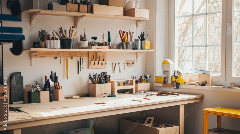 A well-organized DIY workspace with tools and materials neatly placed, A bright, clean workbench with shelves of supplies A well-organized DIY workspace with tools and materials neatly placed, A bright, clean workbench with shelves of supplies
