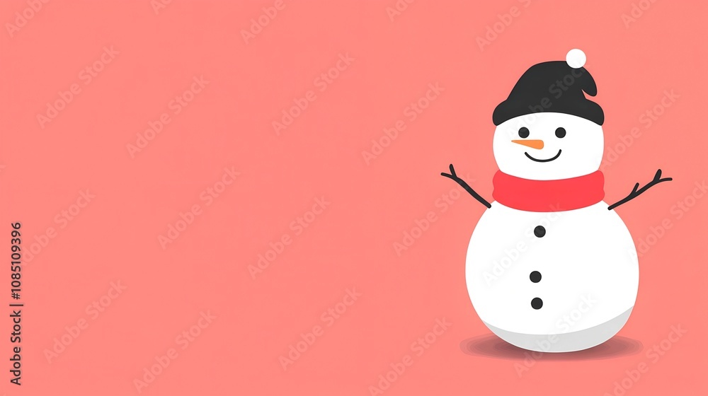 Cheerful Snowman with Red Scarf and Black Hat on Pink Background Cheerful Snowman with Red Scarf and Black Hat on Pink Background