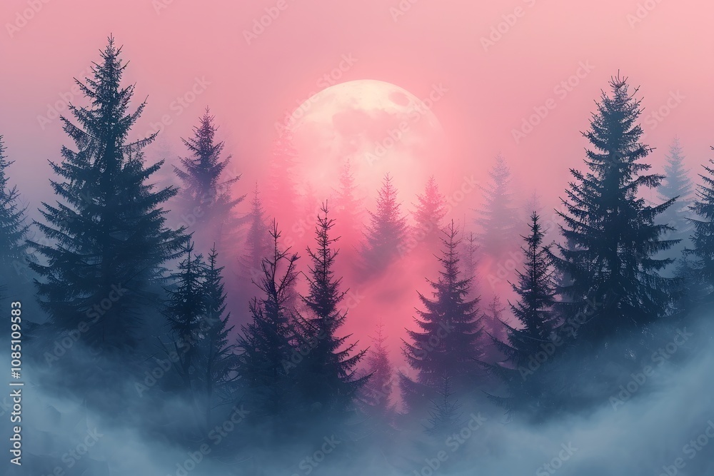 Mystical Pink Moonrise Above Enchanted Forest with Misty Pine Trees Mystical Pink Moonrise Above Enchanted Forest with Misty Pine Trees