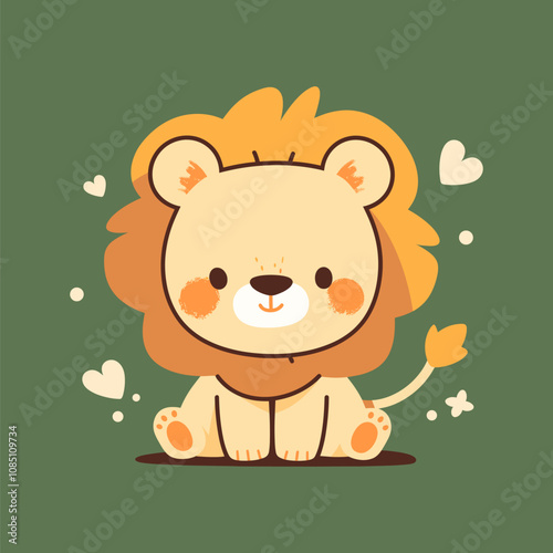 Lion Vector Illustration. Adorable Cartoon Lion with Hearts on Green Background.